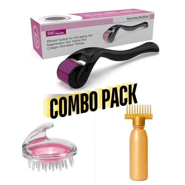Combo Pack Derma Roller + Hair Oil Applicator Bottle + Hair Scalp Massager | Pack of 3 Deal